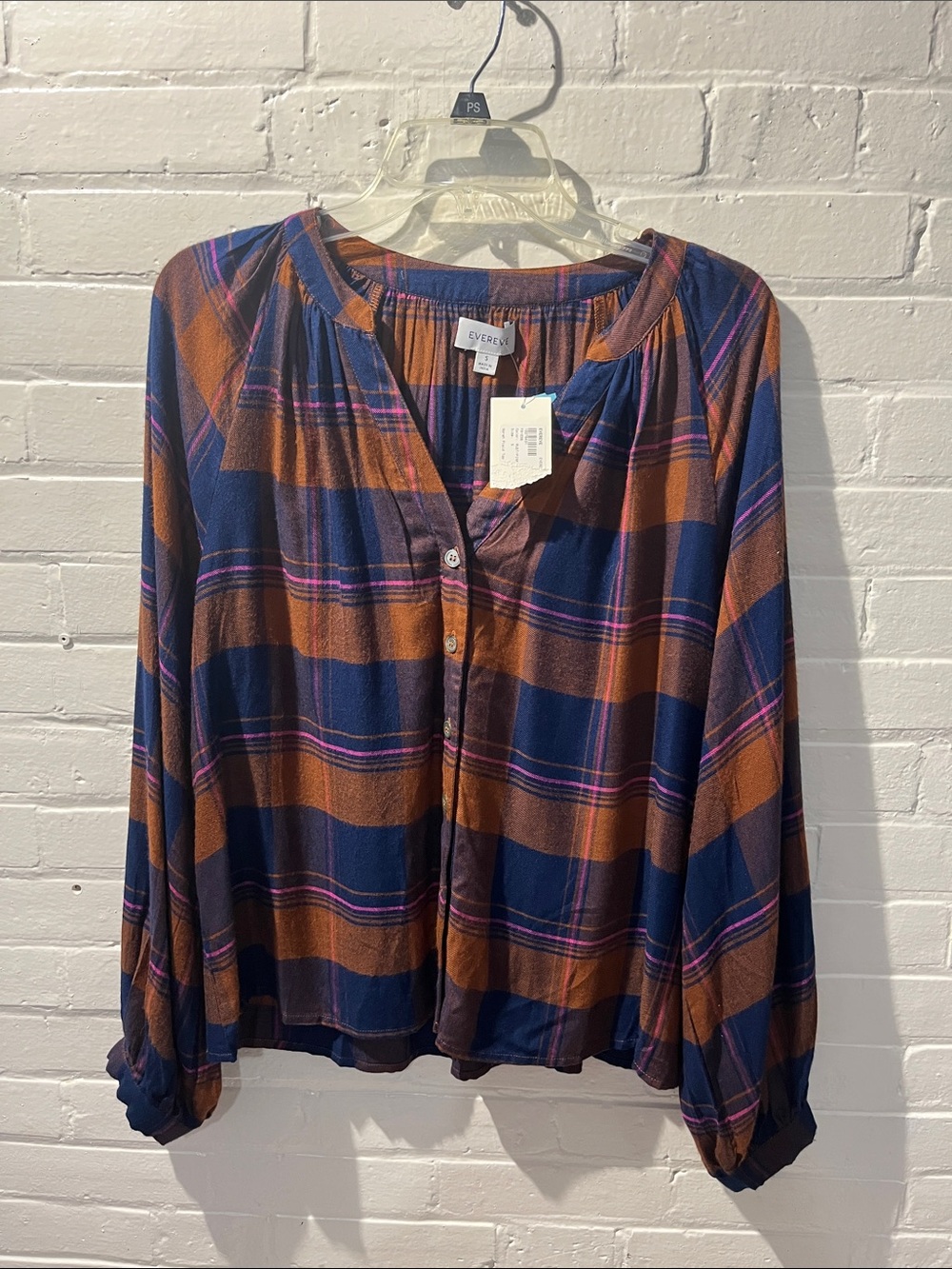 Evereve Navy, Rust & Purple Plaid Peasant Button-Front Top NWT